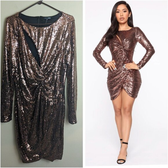 Fashion Nova Dresses & Skirts - NWT Fashion Nova plus size 2x bronze sequin long sleeve sexy mini dress